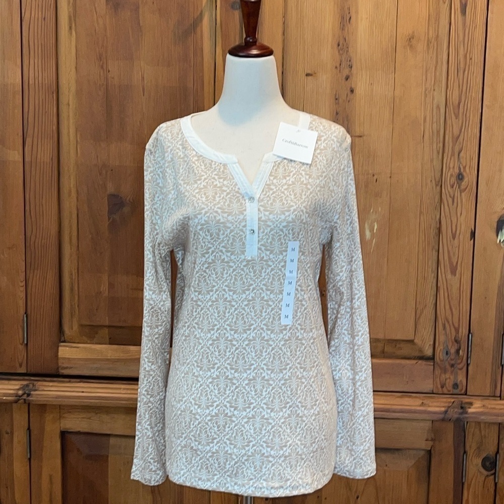 NWT Croft & Barrow Mosaic Long Sleeve Cotton Henley Top Sz. MD